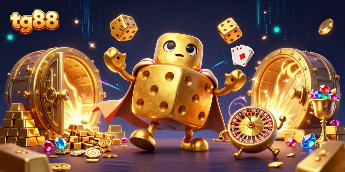 Experience exciting gameplay with tg88's vibrant golden dice golem and shimmering treasures in this dynamic casino scene.