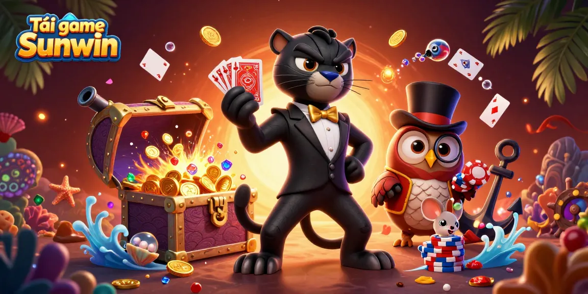 Tải game Sunwin and win big with an exciting casino-themed illustration showing a tuxedo panther, a top-hatted owl, and a lucky mouse in a vibrant gaming scene.