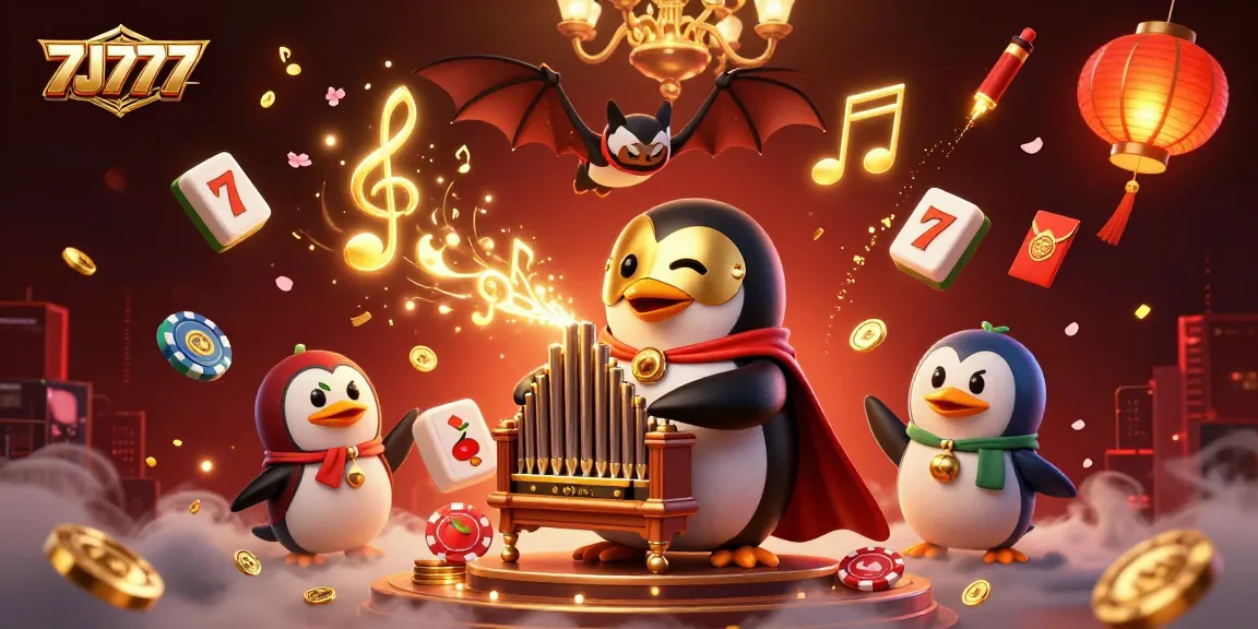 Experience an exciting gaming atmosphere with 7J777 featuring a phantom penguin and dynamic slot elements.