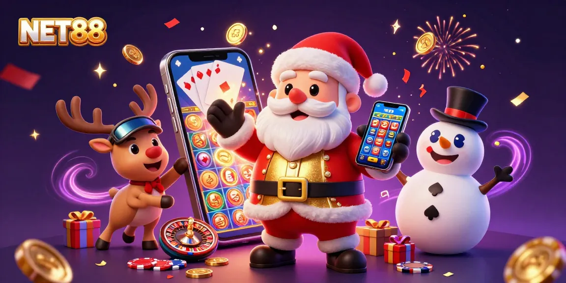 Experience thrilling gameplay with NET88, as Santa spins jackpot slots amidst festive elements.