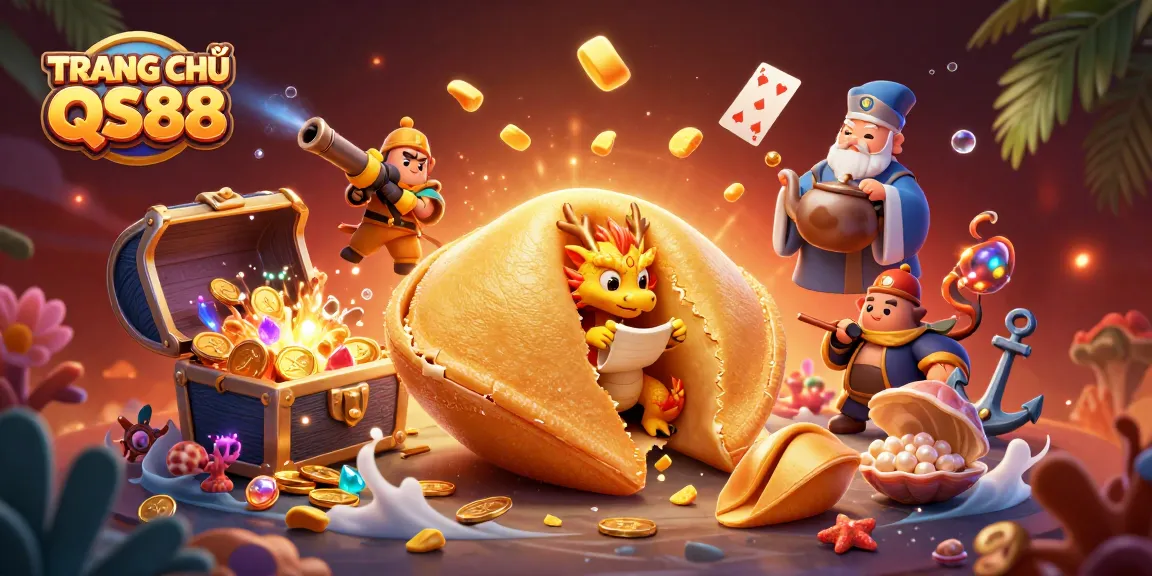 Engage with TRANG CHỦ QS88 by exploring the vibrant casino adventure featuring a golden fortune cookie and dragon.