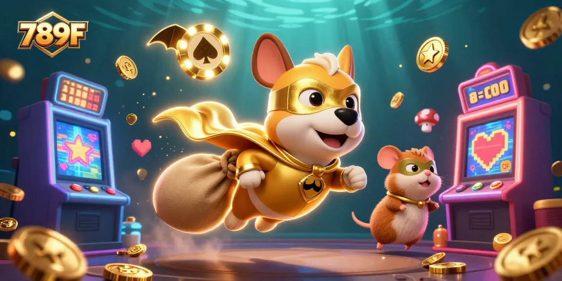 Play online at 789F with a 3D superhero dog featuring casino coins and elements for fun gaming!