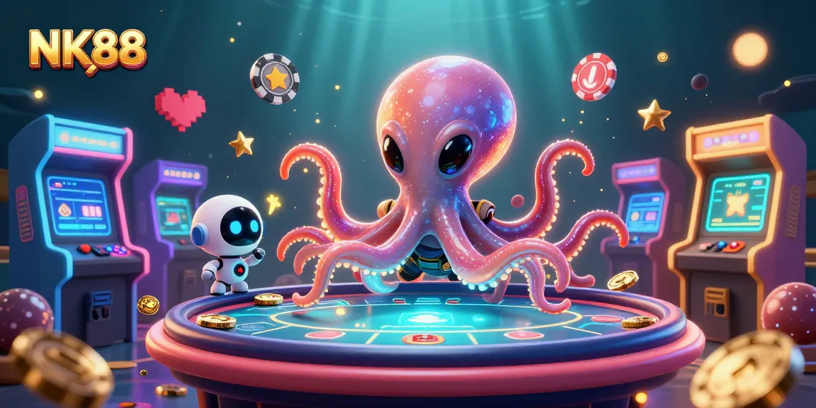 Experience thrilling gameplay at NK88 with an alien octopus managing a poker game in a vibrant casino setting.