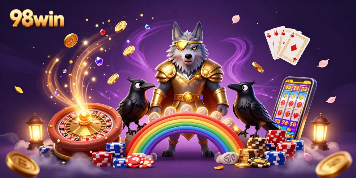 Experience exciting wins at 98win with Odin and ravens amidst a vibrant casino scene.