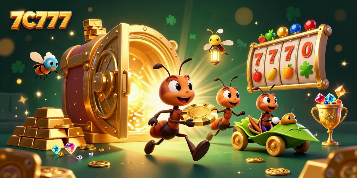 Spin the reels of excitement with 7C777 while cartoon ants carry a giant poker chip.