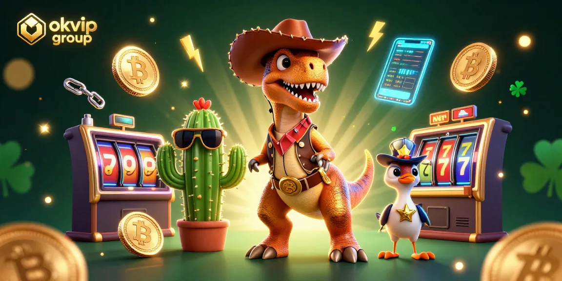 Engage with the okvip group in a dynamic casino scene featuring a T-Rex and colorful gaming elements.