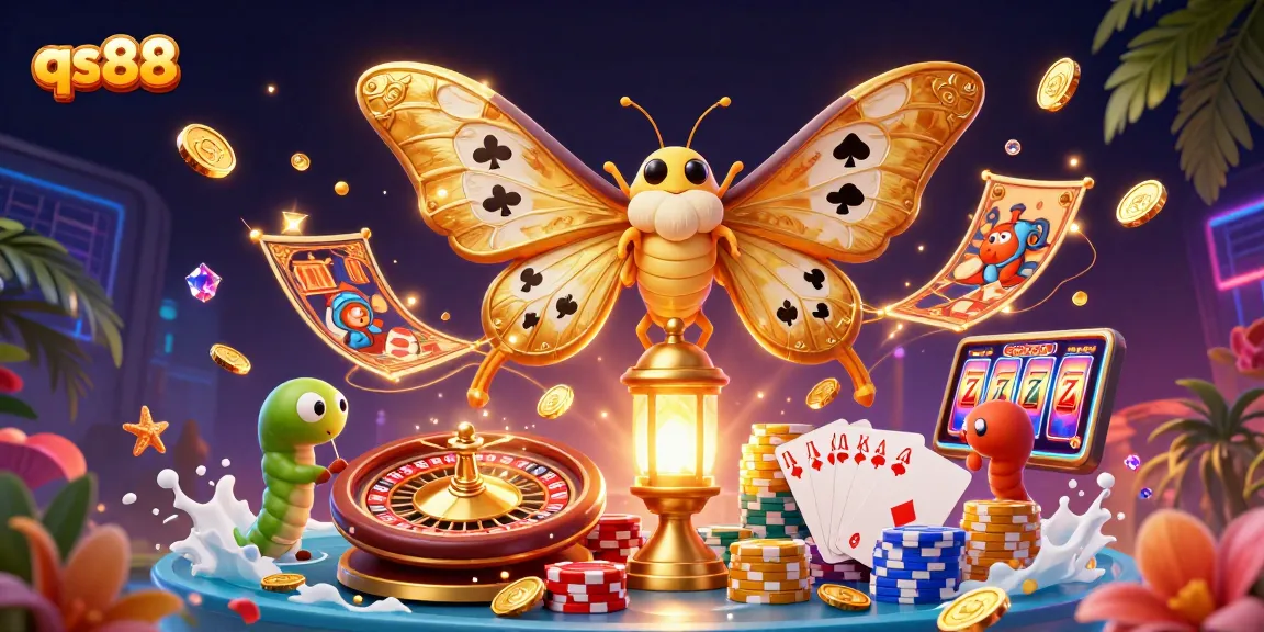 Experience thrilling jackpots at qs88 while encountering a vibrant 3D casino illustration filled with golden treasures.