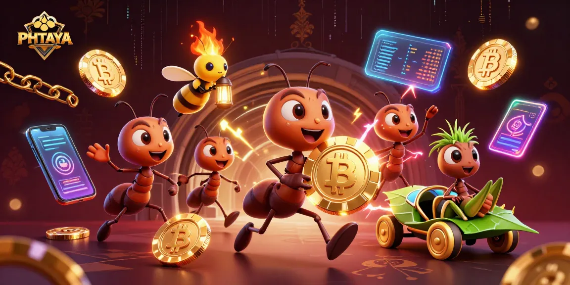 PHTAYA's vivid casino heist scene with cartoon ants and crypto elements in a dynamic 3D illustration.