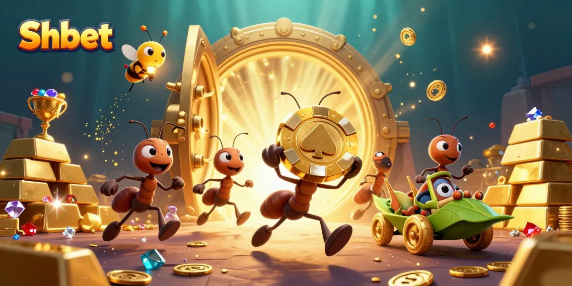 Shbet ants carry a giant poker chip in a rich 3D heist casino scene with sparkling treasures.