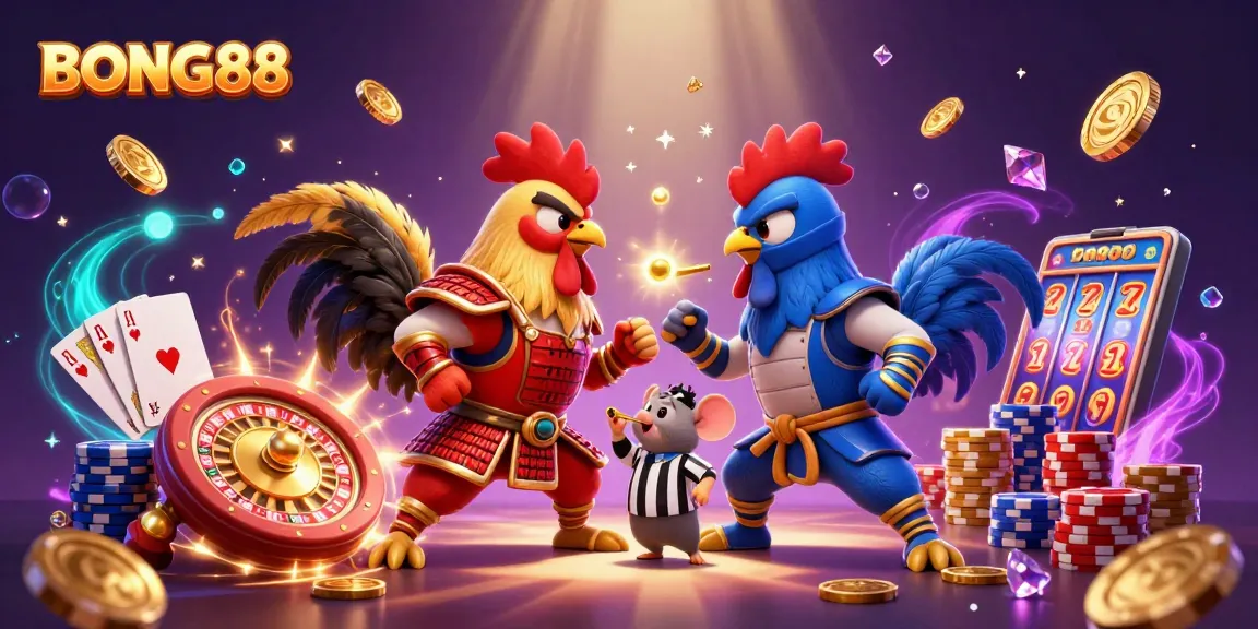 Bet on BONG88 amidst a showdown between samurai and ninja roosters in a vibrant casino setting.