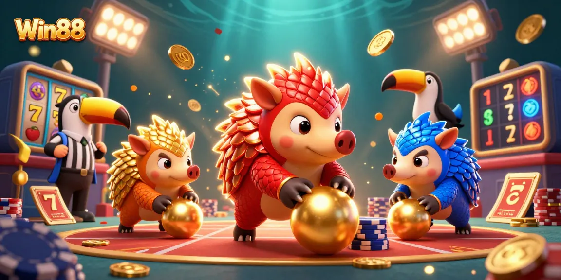 Win88 rivals battle through a dynamic casino scene filled with golden coins and slot reels.