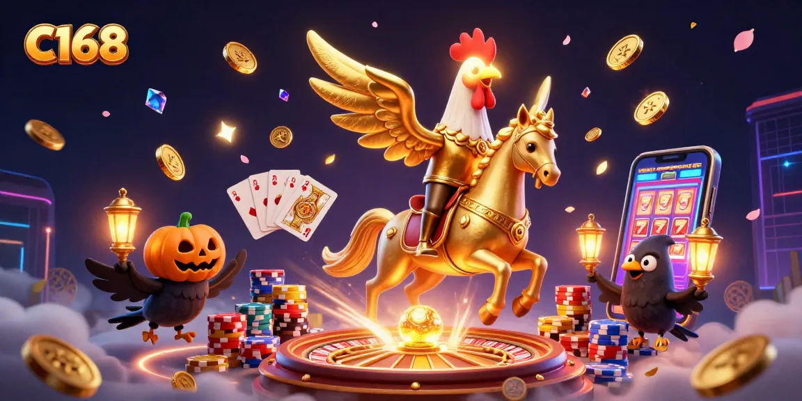 Experience the thrill of C168 casino with golden rooster and lively gaming elements.