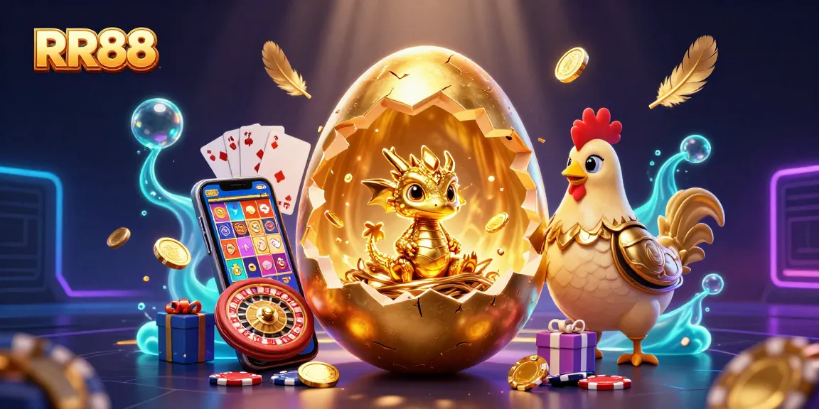 Win big with RR88 at this vibrant casino featuring a golden dragon, poker chips, and thrilling slot games.