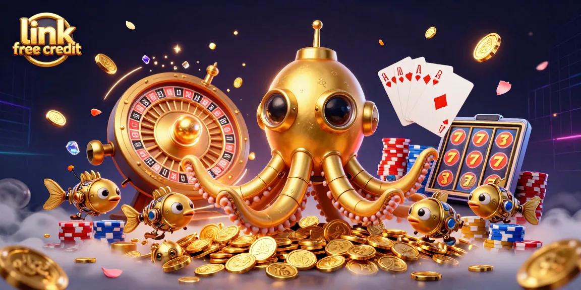 Engage with link free credit opportunities at online casinos, featuring a golden kraken submarine and dynamic gaming elements.