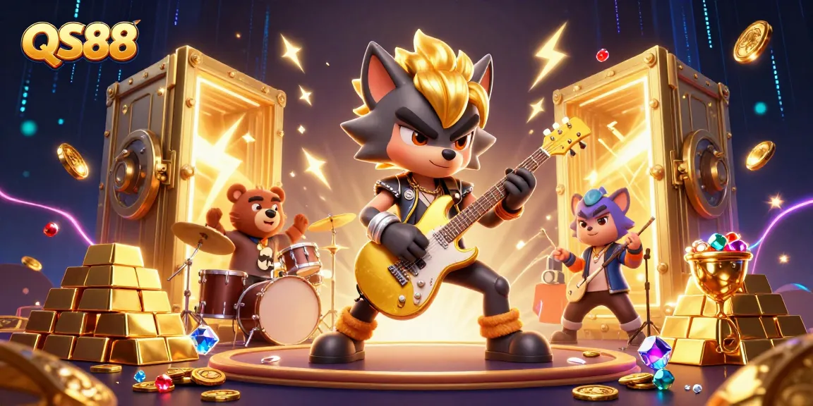 Experience epic wins at QS88 with vibrant casino action featuring a rock star wolf and electrifying elements.