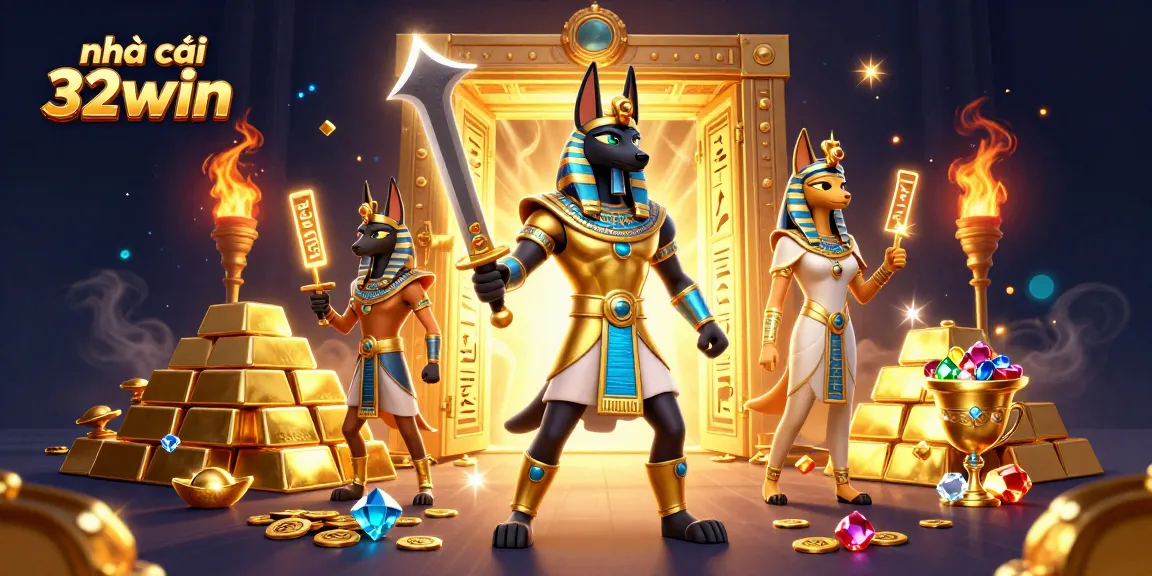 Engage at nhà cái 32win with an illustration featuring ancient Egyptian warriors, gold treasures, and glowing symbols.