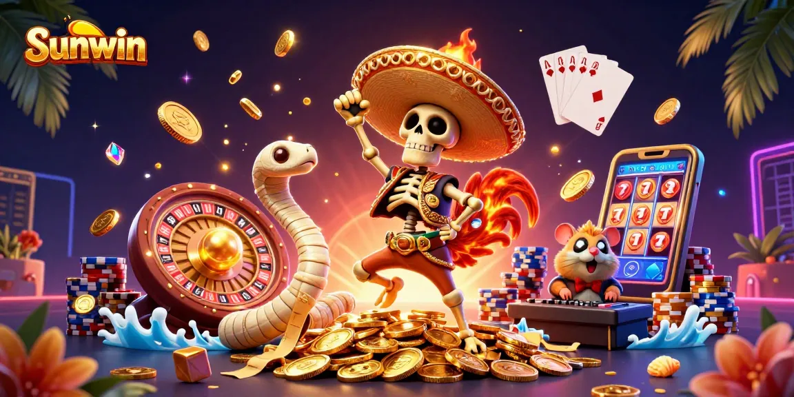 Experience the thrill of winning at Sunwin with a colorful casino scene filled with vibrant characters.