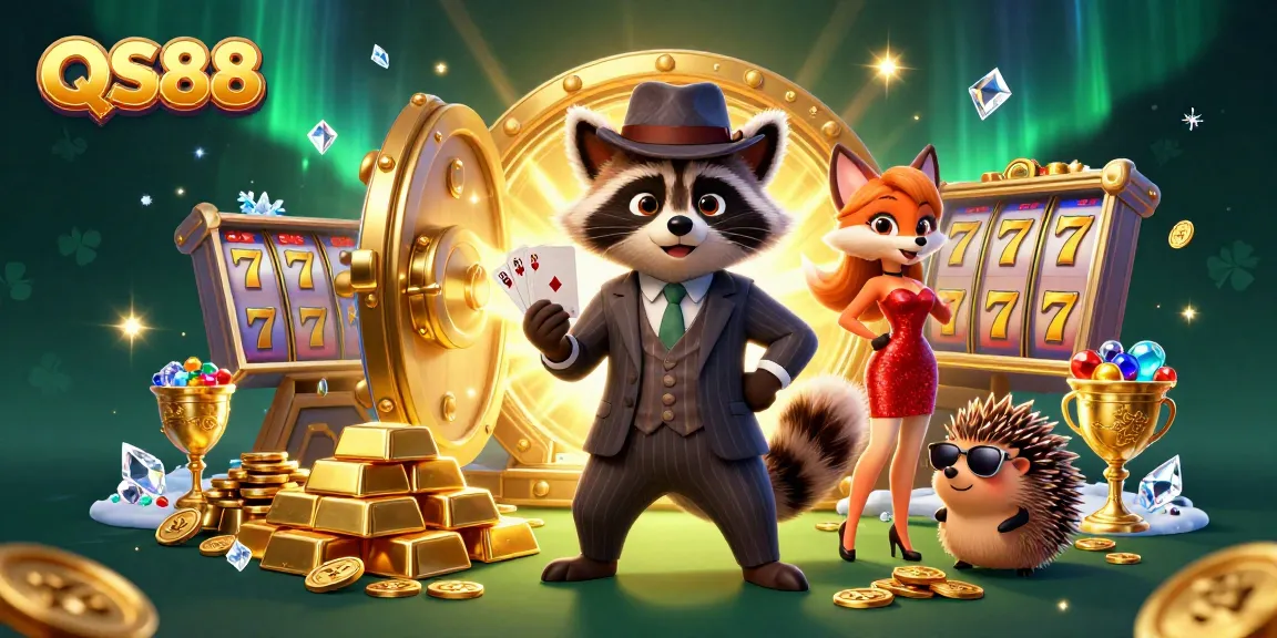 Experience thrilling gameplay at QS88 with a raccoon dealer showcasing a royal flush and casino excitement.