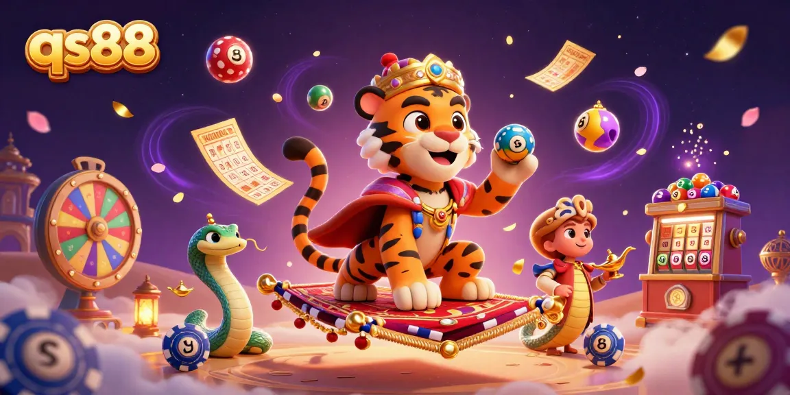 Engage with qs88's vibrant gaming universe, featuring a tiger sultan on a flying carpet amidst dynamic lottery elements.