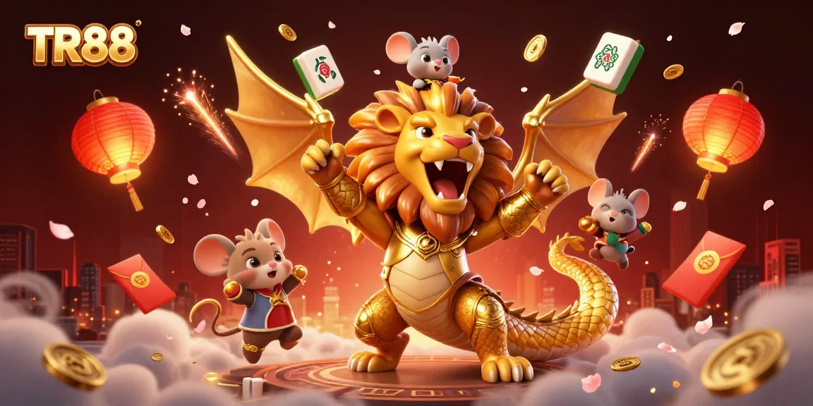 TR88 celebrates its triumphant gaming spirit with a chimeric creature and festive elements in a vibrant casino scene.
