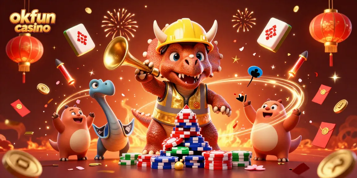 Celebrate with okfun casino as cartoon dinosaurs build poker chip towers