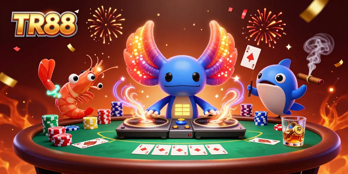 Experience the vibrant TR88 gaming scene with an axolotl DJ and poker excitement.