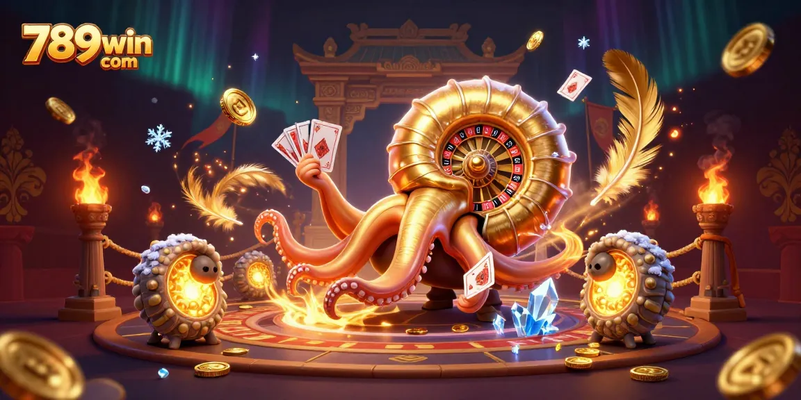 Win big with 789win com in this vibrant 3D casino scene filled with cards, roulette, and gold.