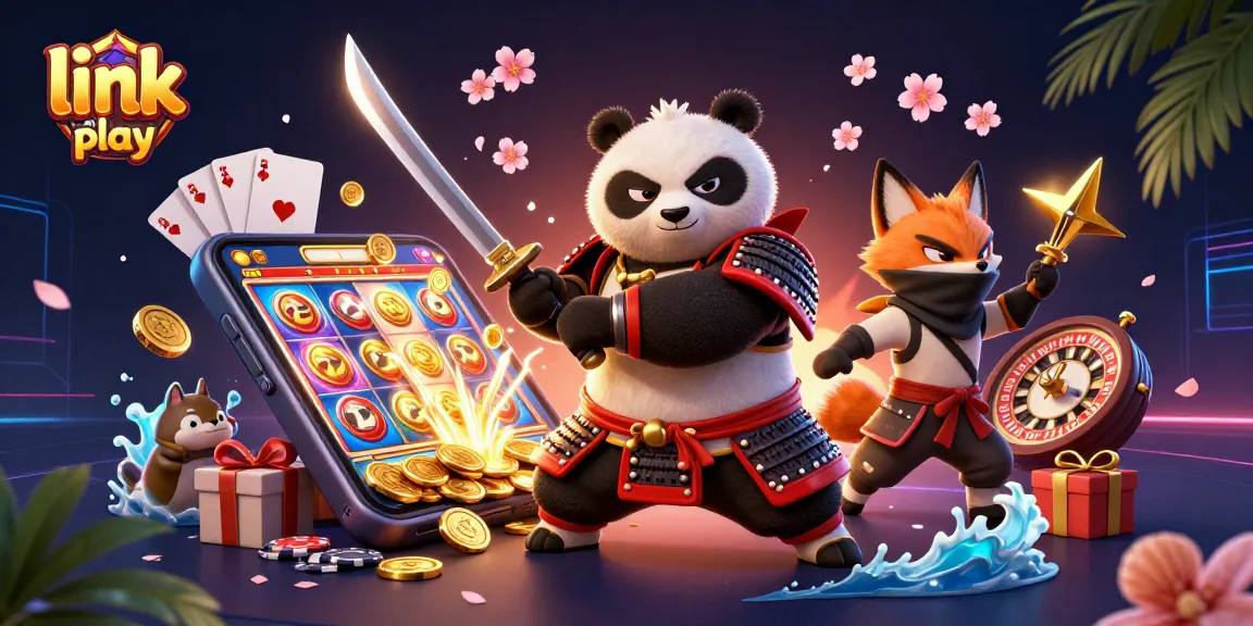Mengakses link idn play dengan karakter panda samurai dan rubah ninja dalam ilustrasi seru permainan kasino