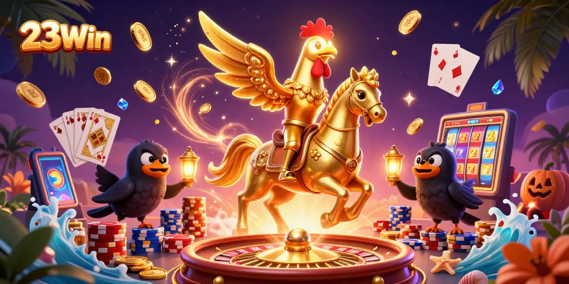 Experience the excitement of 23Win with golden jackpots and vibrant casino elements in a dazzling 3D scene.