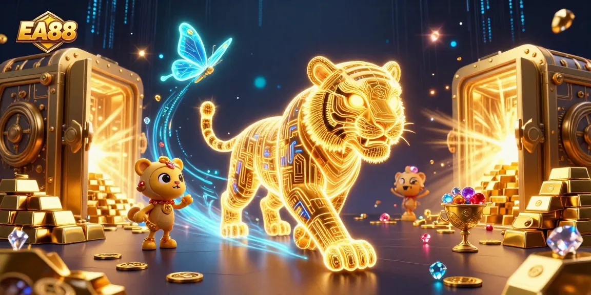 Experience the thrill of EA88 with vibrant casino elements and a glowing golden tiger in a digital landscape.