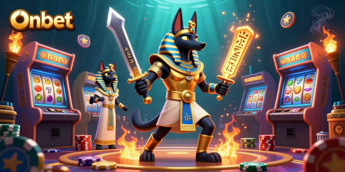 Onbet features an exciting scene with Anubis and Bastet amidst casino slot reels and colorful game machines.