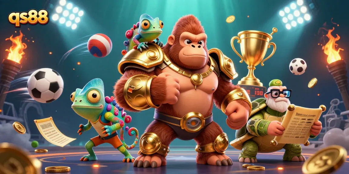 Engage with qs88's dynamic 3D casino action featuring a gorilla king, chameleon, and tortoise amid flying sports elements.