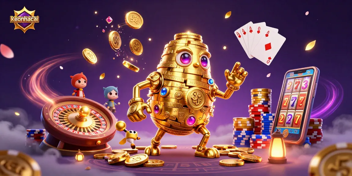 Experience thrilling keonhacai action with a golden golem, coins, and roulette in this vibrant scene.