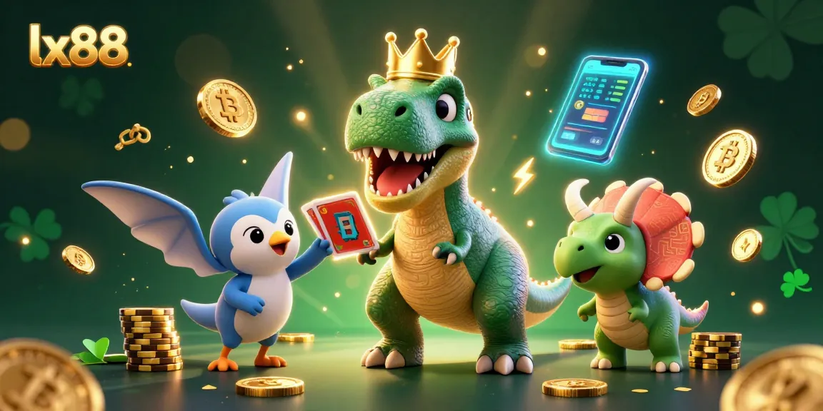Experience thrilling gaming action at lx88 with a cartoon T-Rex shuffling cards while triceratops stacks chips.