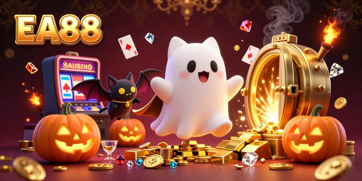 Engage with EA88's thrilling casino experience featuring lively characters and gold accents.