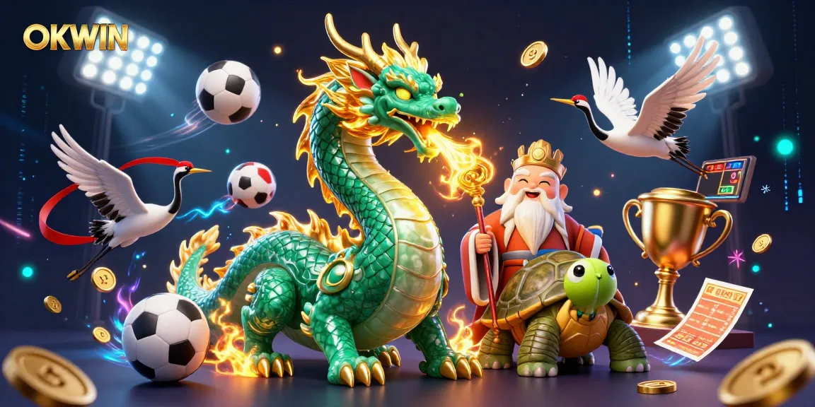 Experience the thrill of winning with OKWIN in this dynamic casino illustration featuring energetic dragons and sports.
