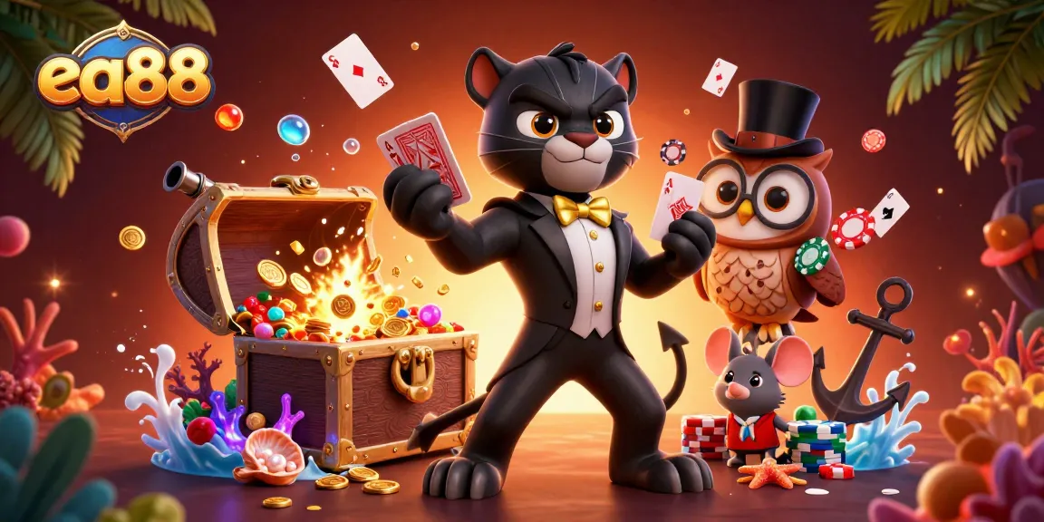 ea88 showcases a thrilling casino atmosphere with a stylish black panther dealer and cheerful characters amid vibrant game elements.