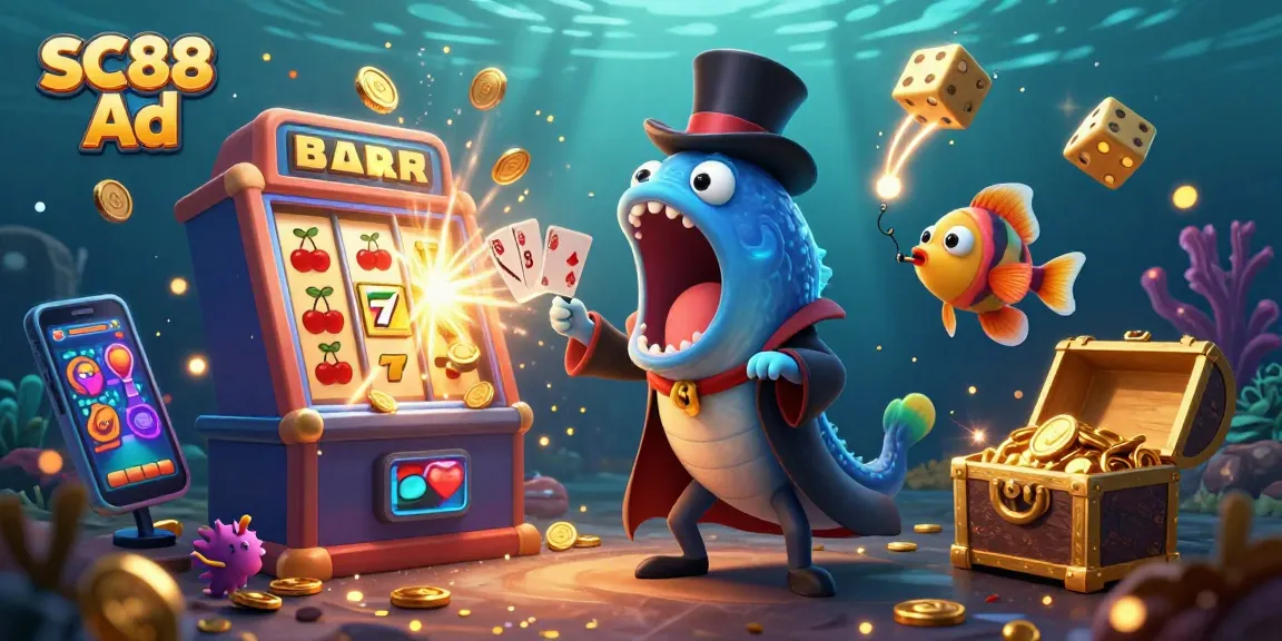 Experience the fun with SC88 Ad showcasing thrilling casino adventures in a vibrant underwater scene.