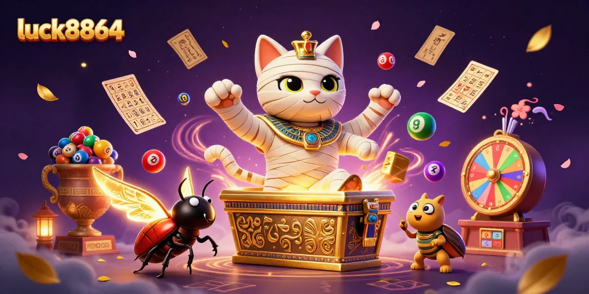 Play and win at luck8864 with a vibrant 3D casino illustration showcasing Egyptian themes and gaming elements.