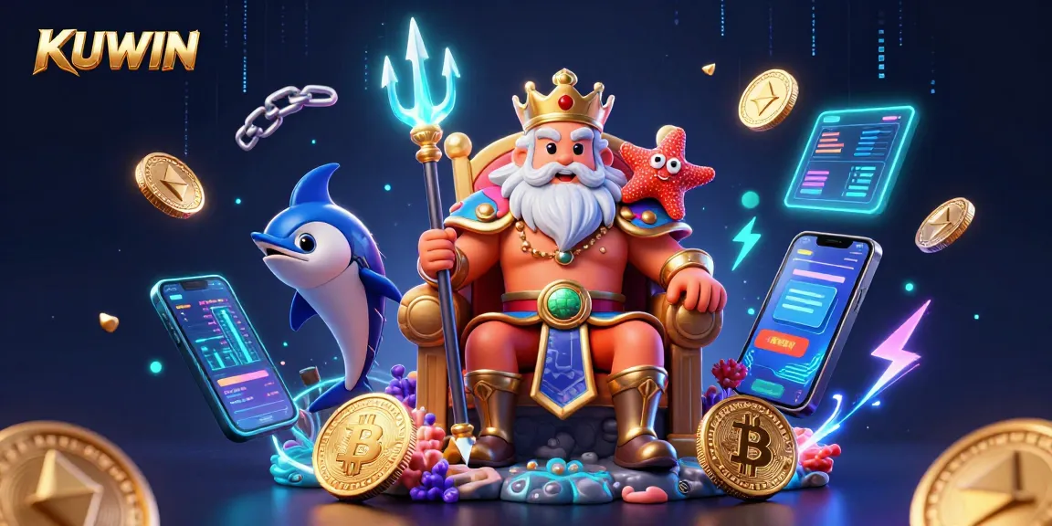 KUWIN engages players with a vivid underwater casino scene featuring Neptune and blockchain elements.