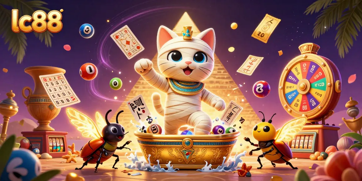 Experience thrilling gameplay at lc88 with a vibrant casino scene featuring a mummy cat and glowing scarab.