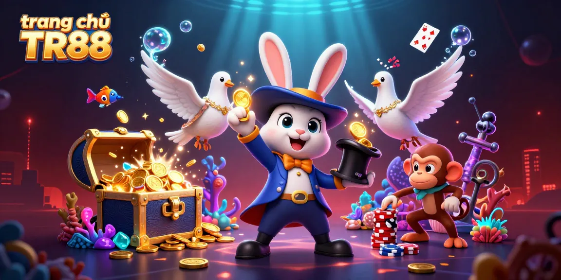 Experience the excitement of trang chủ TR88 with golden coins, poker chips, and magical elements in a vibrant casino theme.