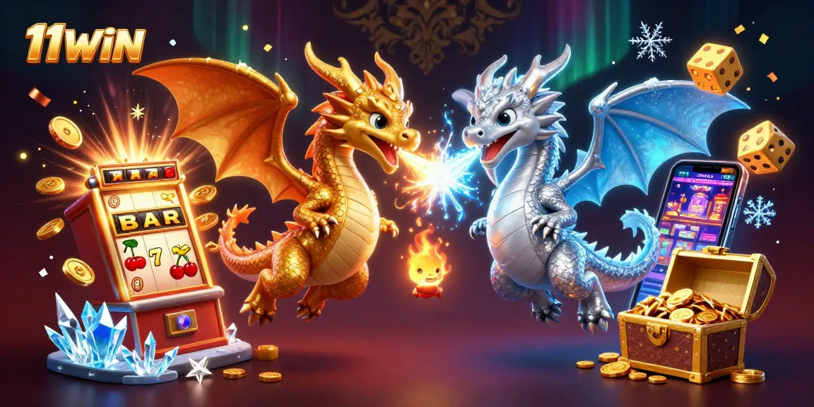 Engage with 11WIN's thrilling casino atmosphere, featuring dynamic dragons and vibrant slot machines.