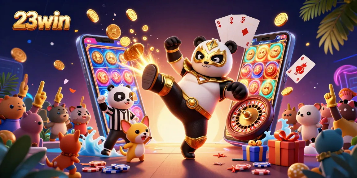 23win features a thrilling 3D casino scene with a wrestler panda in action, showcasing dynamic game elements.