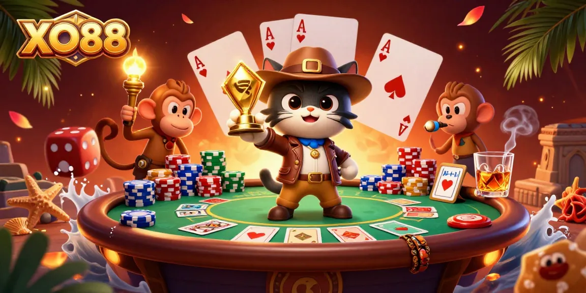 Experience thrilling gaming adventures at XO88 with a cartoon explorer and magical casino elements.