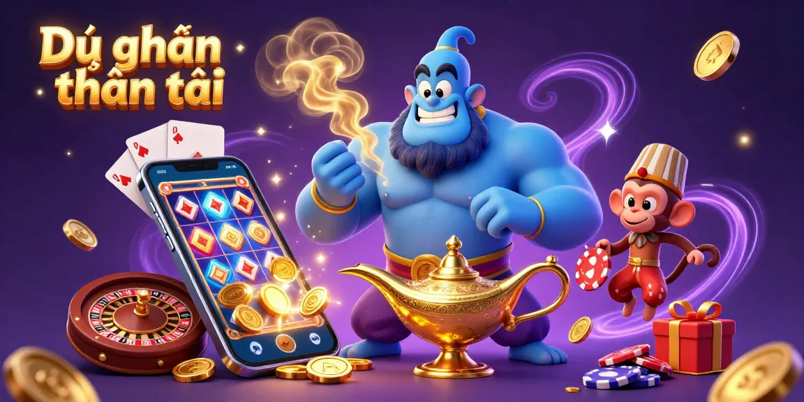 Dự đoán thần tài captures the magic of casino thrills with a glowing genie, vibrant slot games, and interactive poker elements.