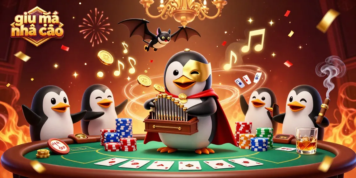 Engaging scene depicting giải mã nhà cái with a pirate-themed cartoon penguin creating golden coins while poker elements enhance the ambiance.