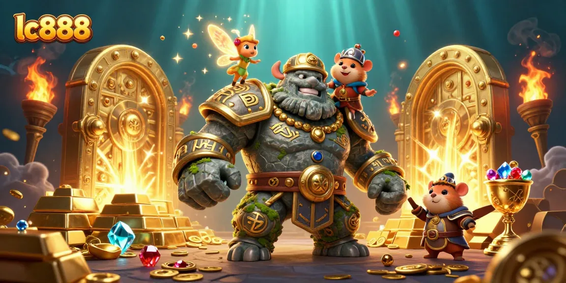 Experience the magic of lc888 with a vibrant golem guardian, treasure, and casino elements.