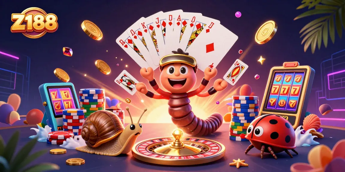 Experience Z188's dynamic casino scene with a 3D cartoon millipede dealer and vibrant game elements.