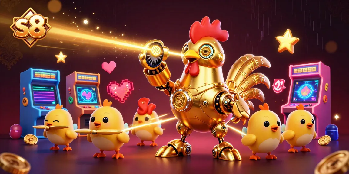 S8 players engage with vibrant casino adventure, featuring a golden rooster robot and baby chicks.